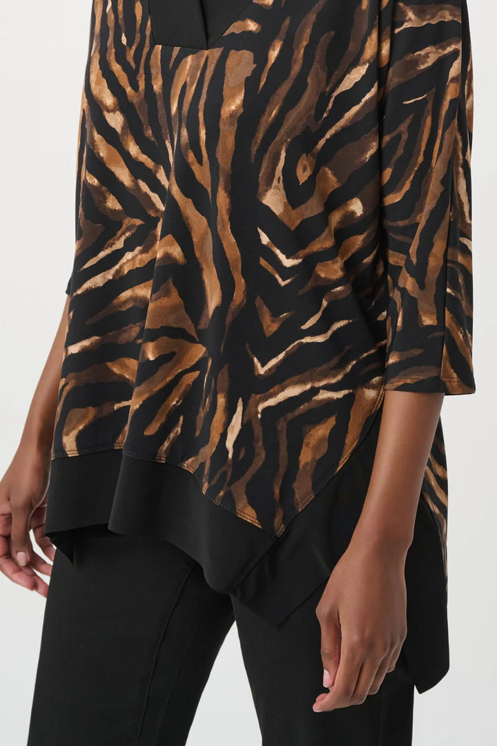 Woman wearing Animal Print V-Neck Tunic in Black/Brown by Joseph Ribkoff side view