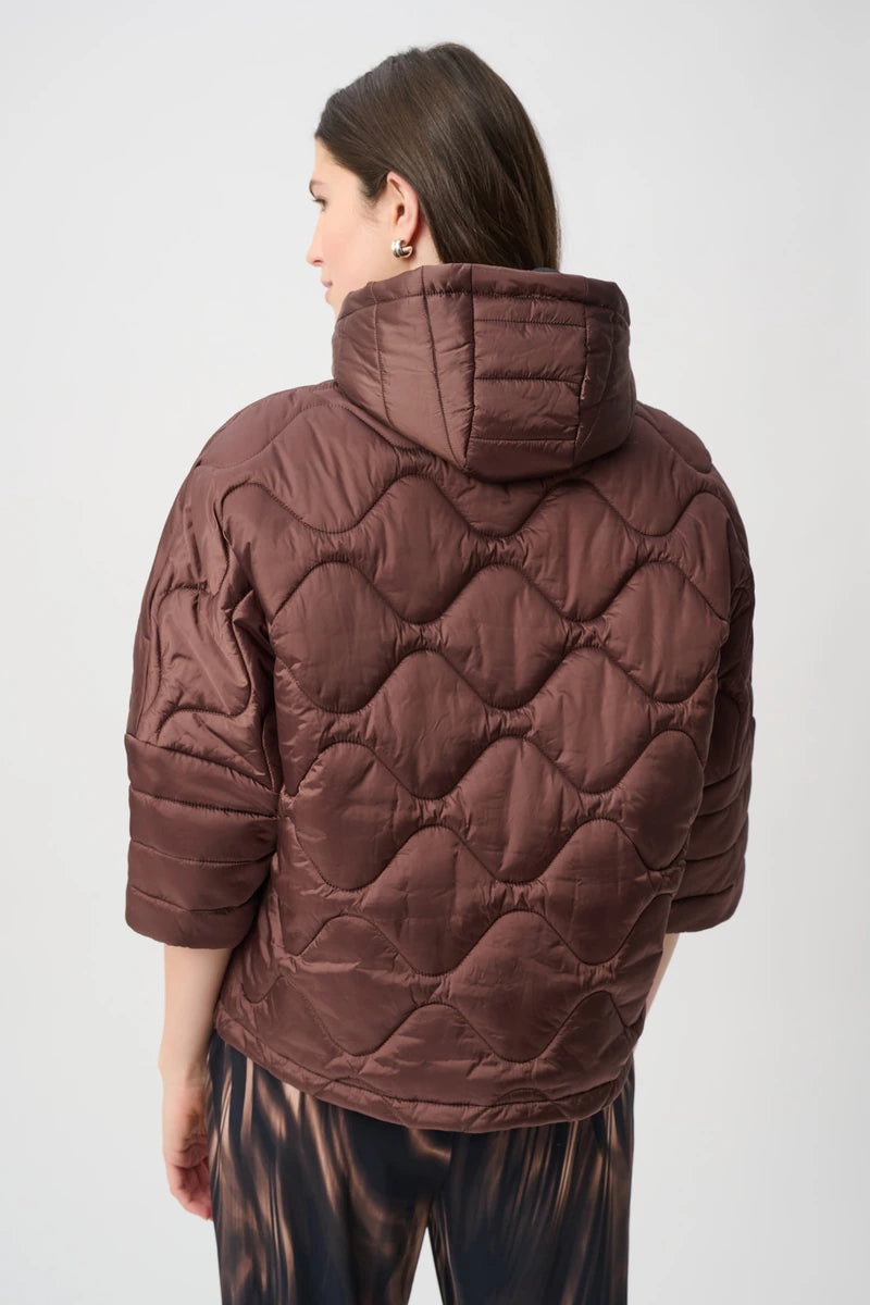 Woman wearing Hooded Quilted Cocoon Jacket in Mahogany by Joseph Ribkoff back view