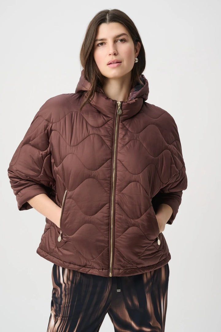 Woman wearing Hooded Quilted Cocoon Jacket in Mahogany by Joseph Ribkoff front view
