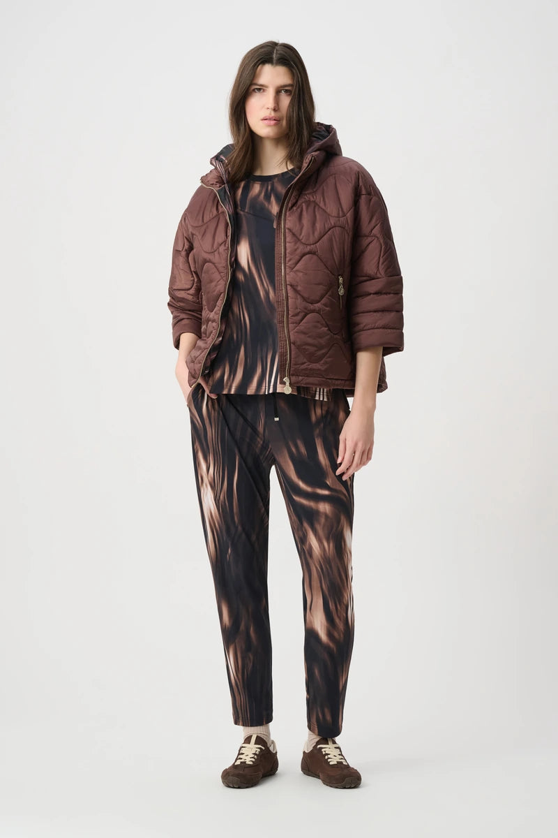 Woman wearing Hooded Quilted Cocoon Jacket in Mahogany by Joseph Ribkoff outfift view