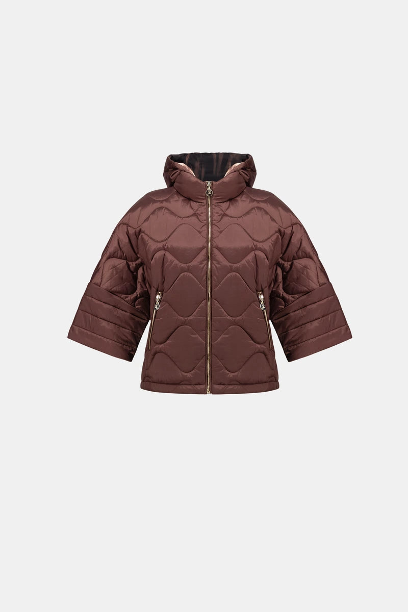 Woman wearing Hooded Quilted Cocoon Jacket in Mahogany by Joseph Ribkoff product view