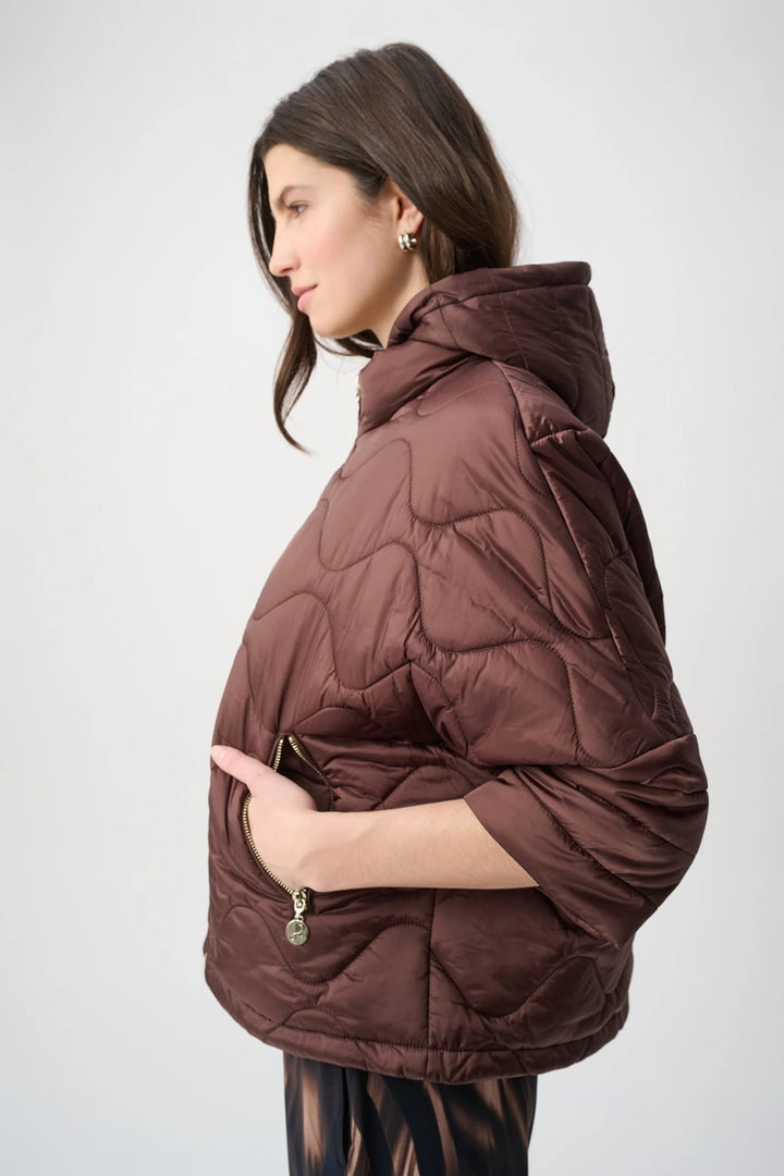 Woman wearing Hooded Quilted Cocoon Jacket in Mahogany by Joseph Ribkoff side view