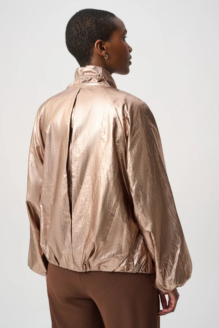 Joseph Ribkoff Metallic Nylon Cocoon Jacket 264621 back view showing relaxed cocoon shape and metallic nylon finish