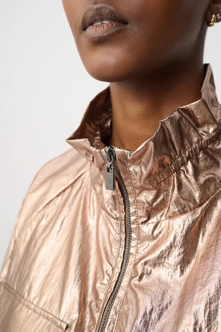 Joseph Ribkoff Metallic Nylon Cocoon Jacket 264621 close-up showing metallic nylon finish, high collar and front zipper