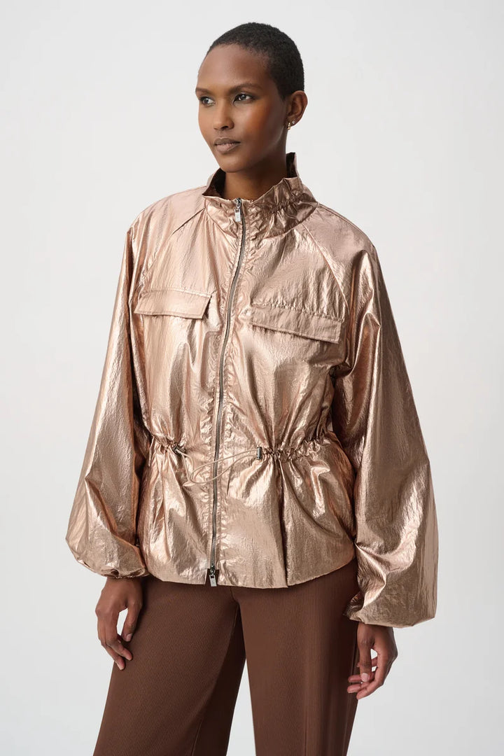 Joseph Ribkoff Metallic Nylon Cocoon Jacket 264621 front view showing zip front, high neckline, pockets and adjustable drawstring waist