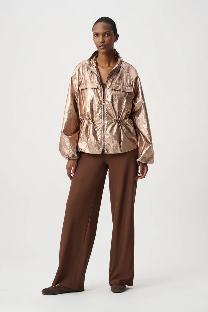 Joseph Ribkoff Metallic Nylon Cocoon Jacket 264621 styled with wide leg trousers showing the jacket's shorter cocoon silhouette