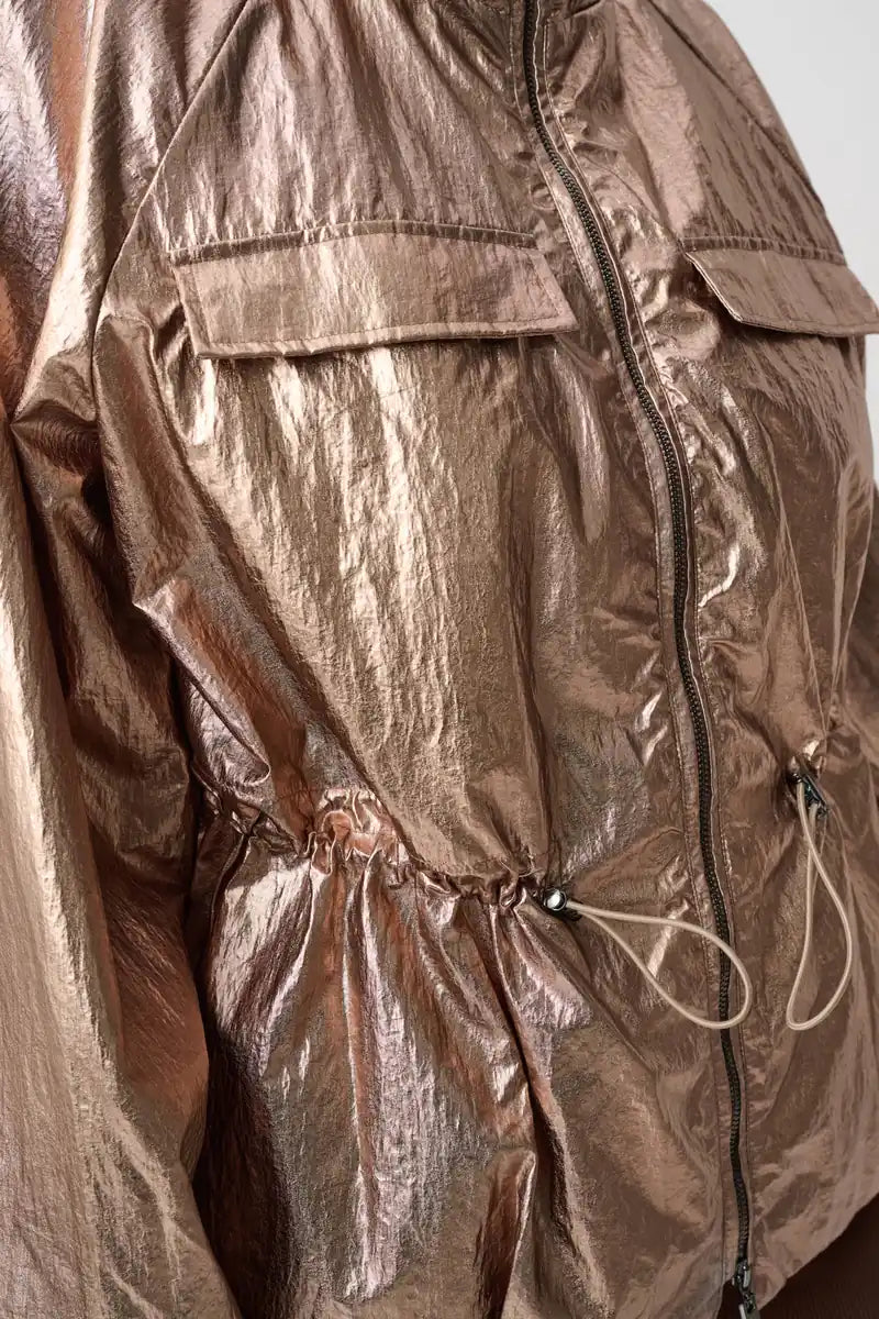 Joseph Ribkoff Metallic Nylon Cocoon Jacket 264621 detail showing functional front pocket and adjustable waist drawstring