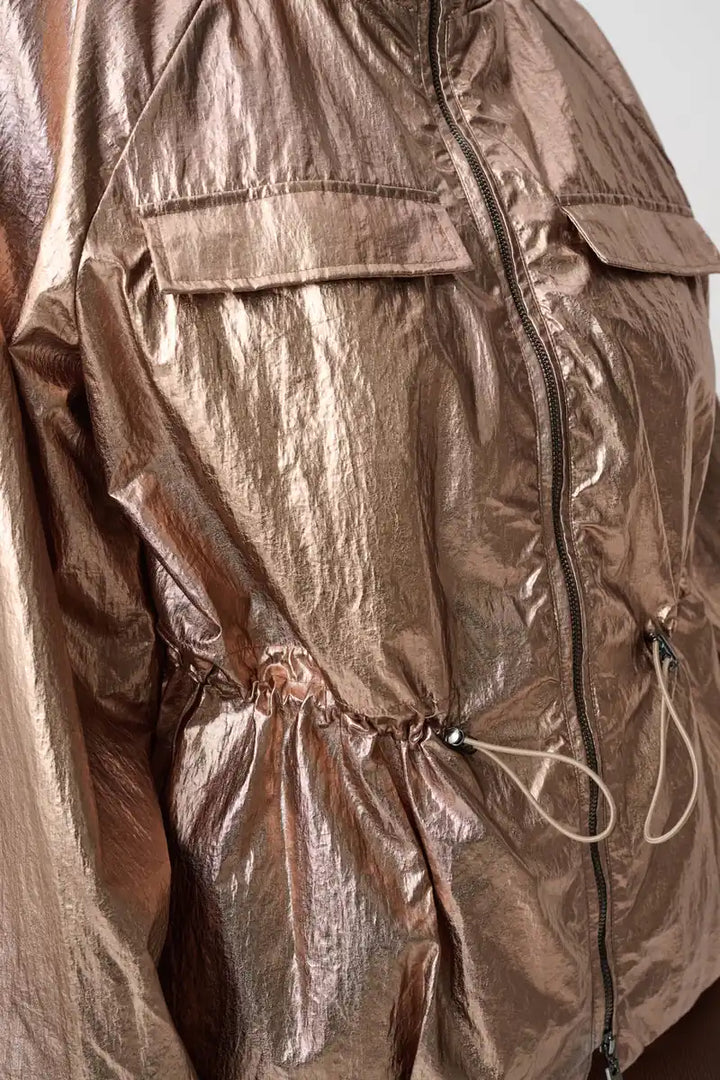 Joseph Ribkoff Metallic Nylon Cocoon Jacket 264621 detail showing functional front pocket and adjustable waist drawstring