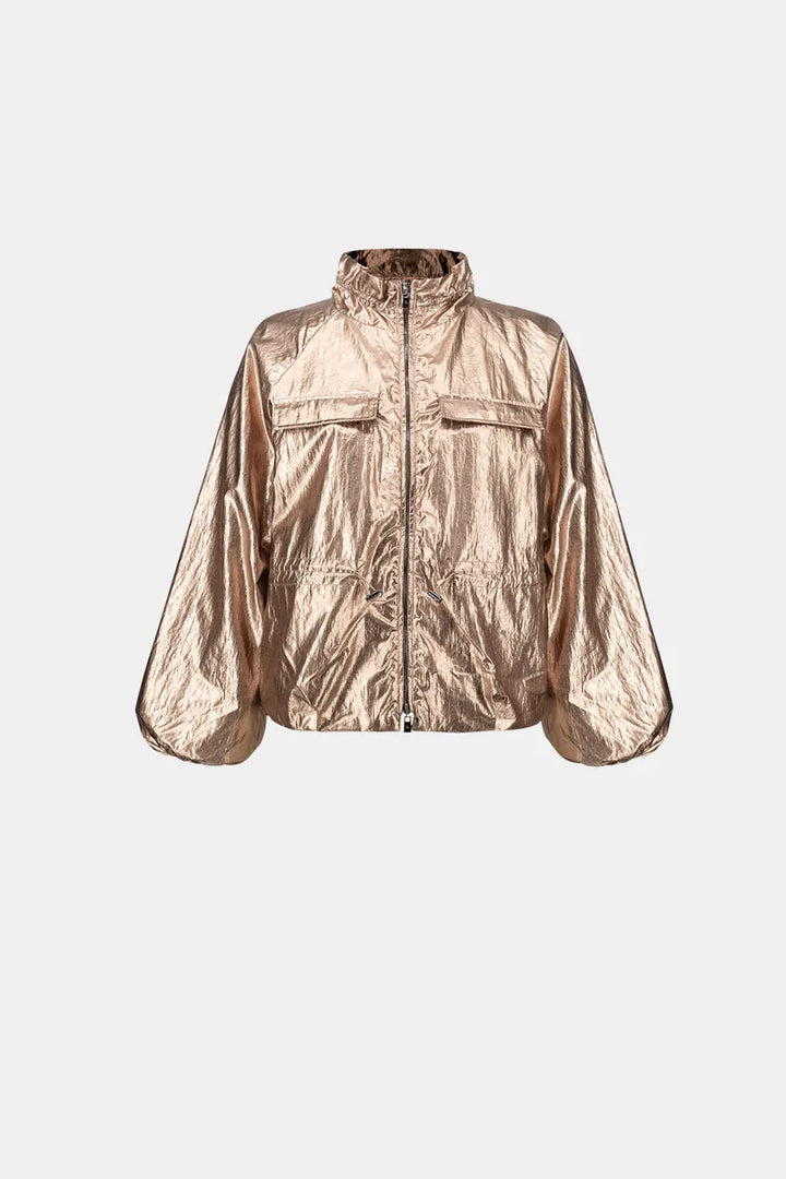 oseph Ribkoff Metallic Nylon Cocoon Jacket 264621 product view showing zip closure, high collar, pockets and elasticated sleeves