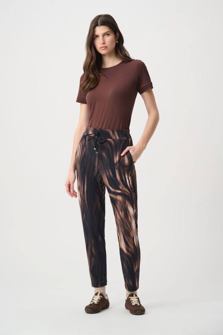 Joseph Ribkoff Sport printed silky knit jogger pant 264623 front view with drawstring waist and tapered leg