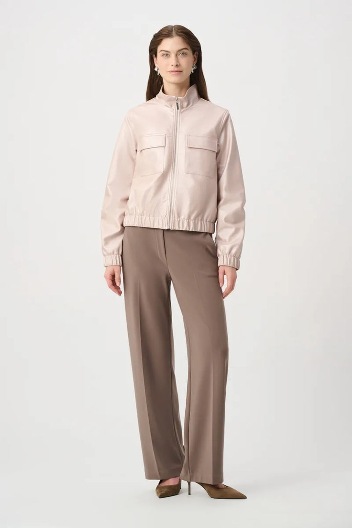 Joseph Ribkoff Metallic Leatherette Bomber Jacket 264907 full-length view styled with wide-leg trousers showing waist-length proportion