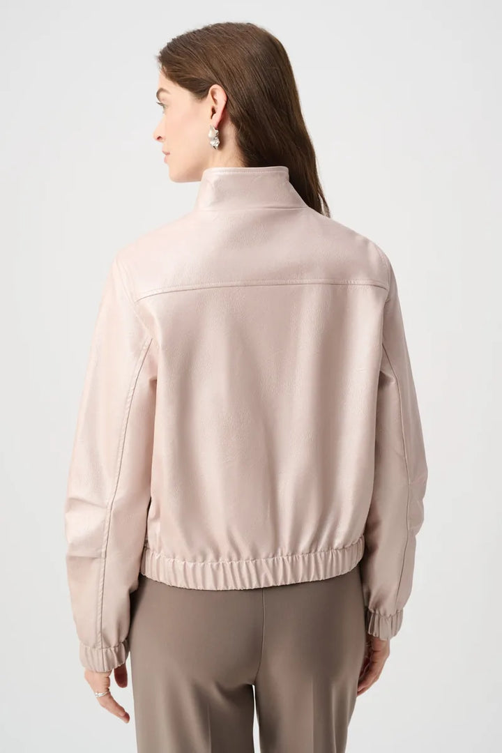 Joseph Ribkoff Metallic Leatherette Bomber Jacket 264907 back view showing cocoon shape, back yoke seam and elasticated hem