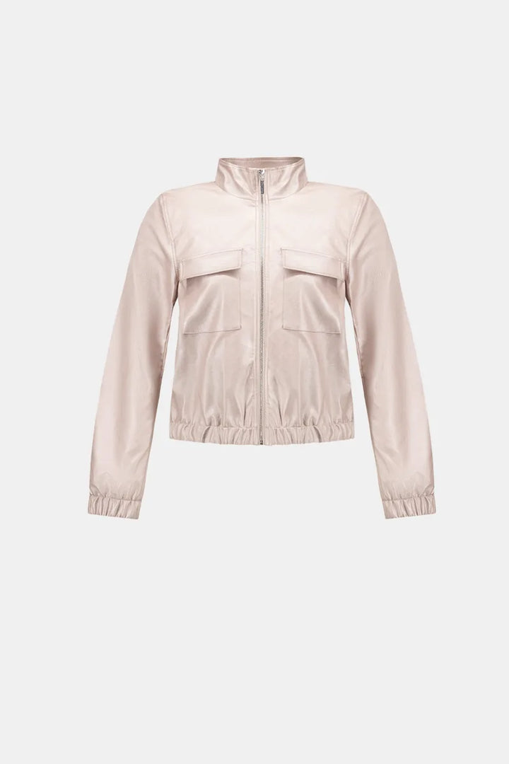 Joseph Ribkoff Metallic Leatherette Bomber Jacket 264907 product front showing mock neck, covered zip, flap pockets and elastic hem