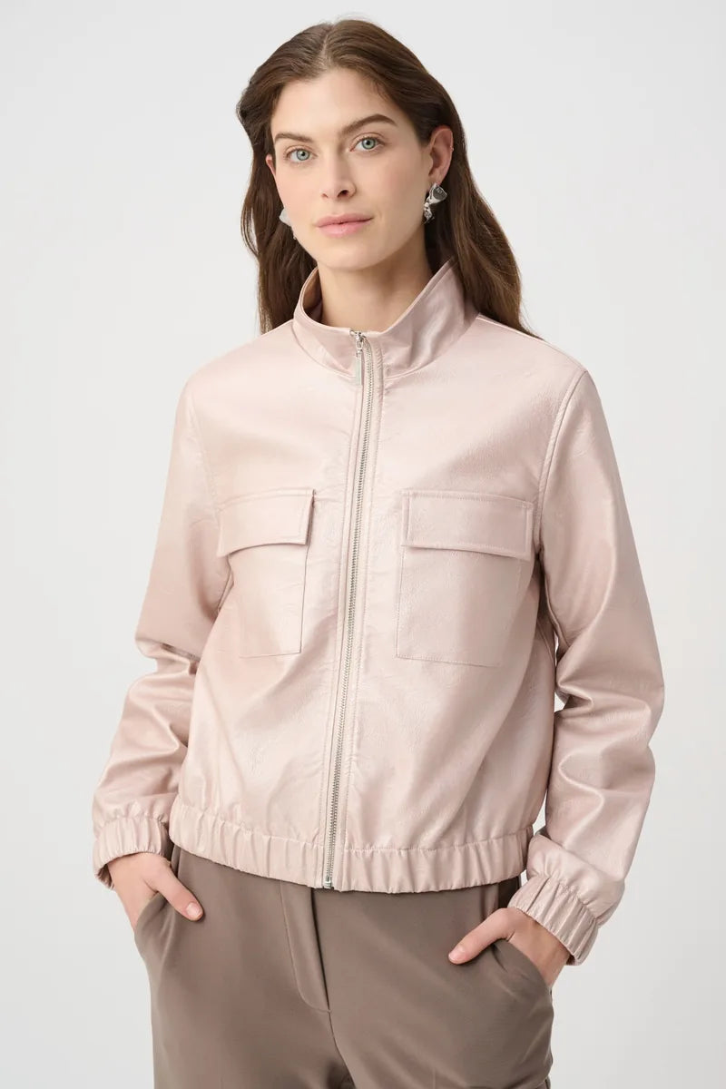 Joseph Ribkoff Metallic Leatherette Bomber Jacket 264907 front view on model showing cropped cocoon silhouette and metallic finish