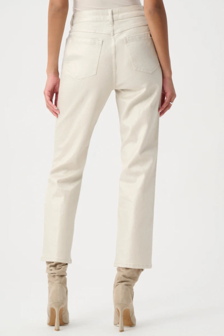 Woman wearing Classic Straight Leg Metallic Jeans in Champagne by Joseph Ribkoff back view