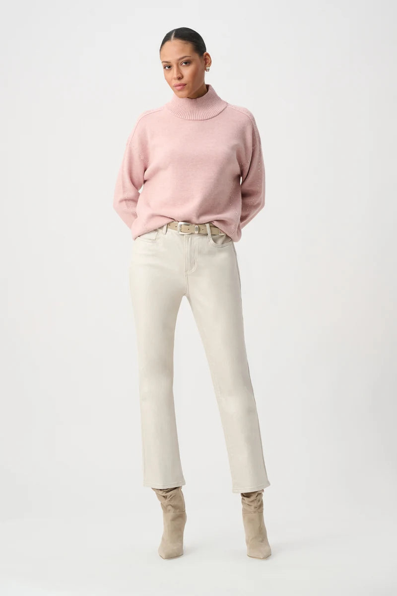 Woman wearing Classic Straight Leg Metallic Jeans in Champagne by Joseph Ribkoff outfit view