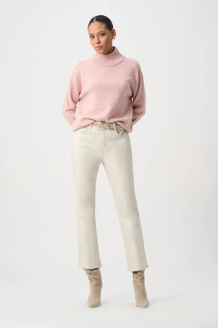 Woman wearing Classic Straight Leg Metallic Jeans in Champagne by Joseph Ribkoff outfit view