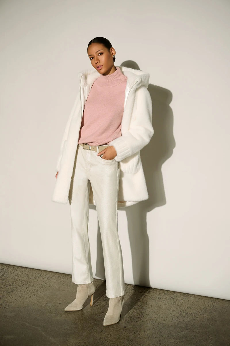 Woman wearing Classic Straight Leg Metallic Jeans in Champagne by Joseph Ribkoff outfit view