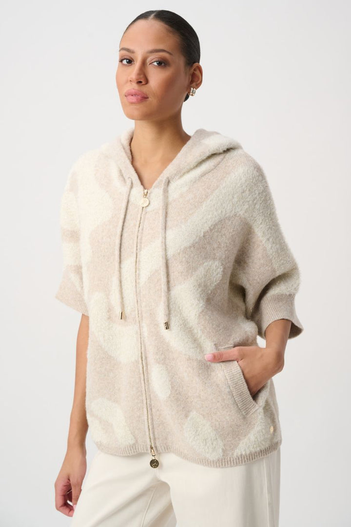 Joseph Ribkoff Hooded Animal Print Sweater in Oatmeal Melange Gold front view 264925