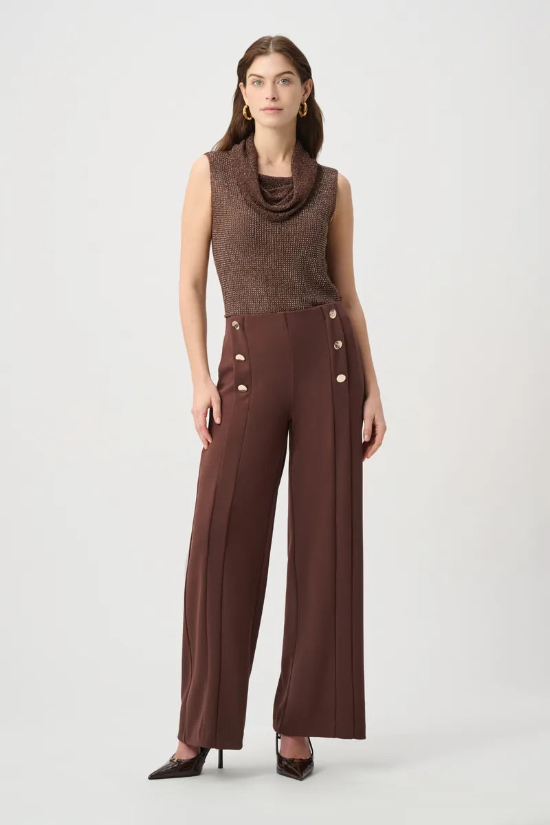 Joseph Ribkoff Rhinestone Cowl Neck Top 264929 in Mahogany styled with wide leg pants