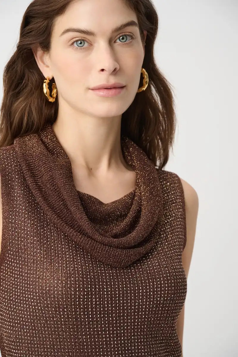 Joseph Ribkoff 264929 Mahogany top – rhinestone detail and draped cowl neckline