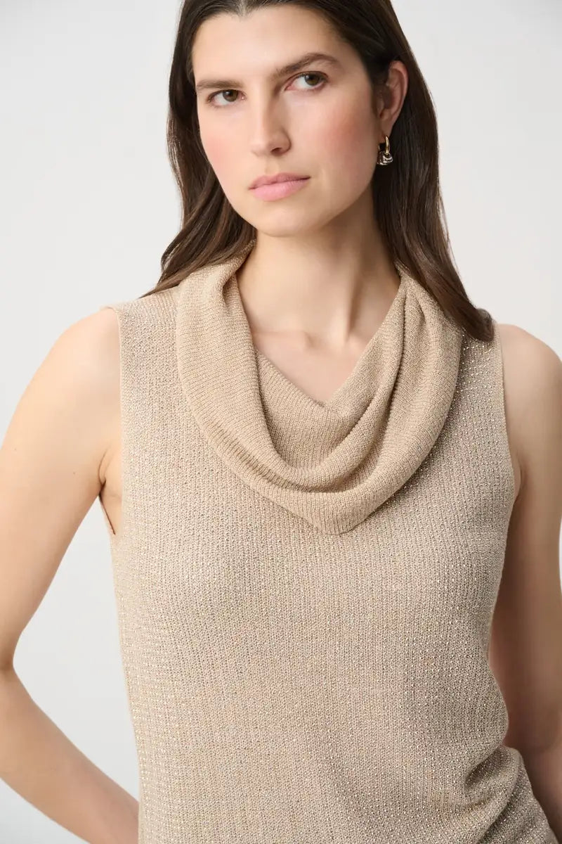 Joseph Ribkoff Rhinestone Cowl Neck Top 264929 close-up showing draped cowl neckline and fine rhinestone embellishment