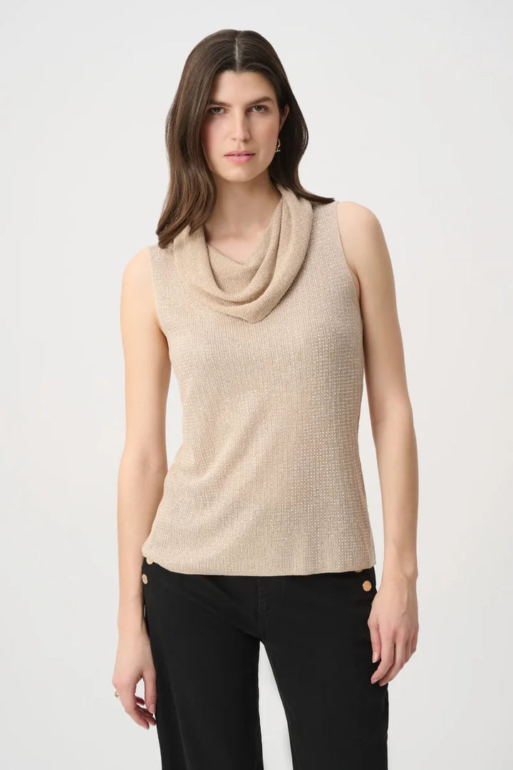 Joseph Ribkoff Rhinestone Cowl Neck Top 264929 front view on model showing straight silhouette and soft draped cowl neckline
