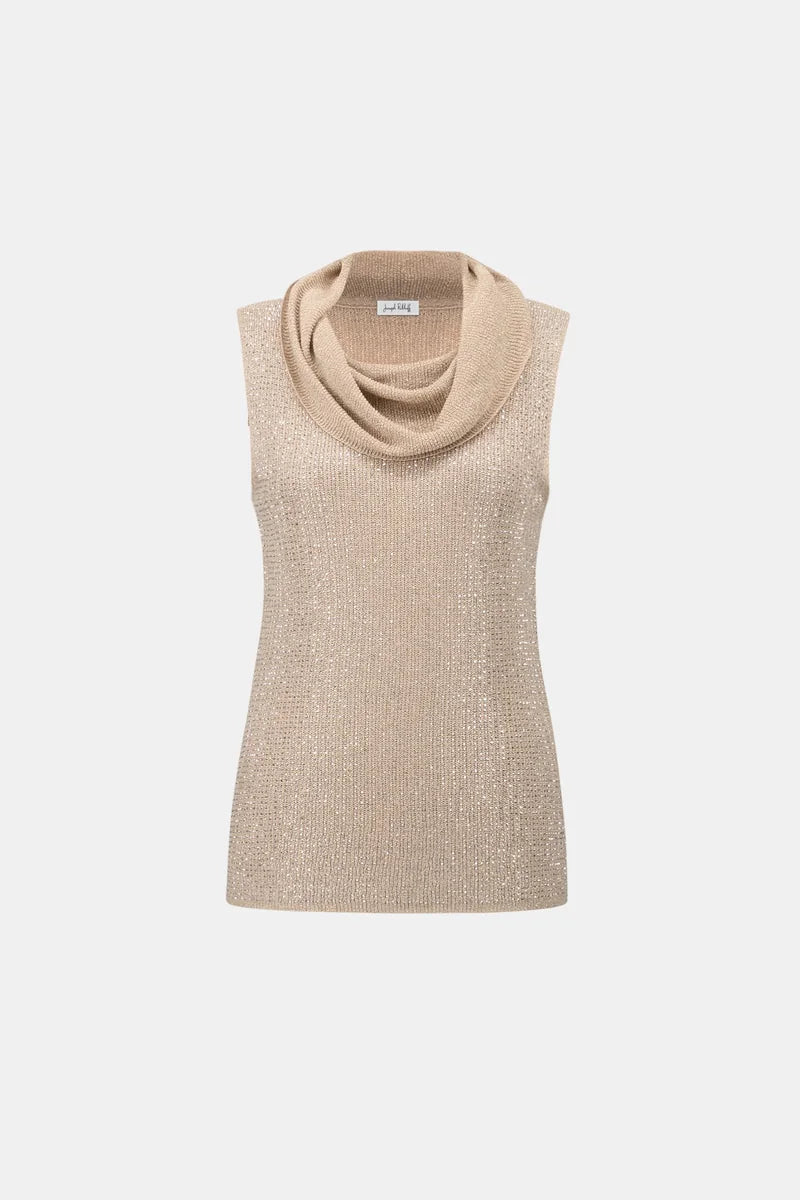 Joseph Ribkoff Rhinestone Cowl Neck Top 264929 product front showing sleeveless shape, draped cowl neck and rhinestone embellished metallic knit
