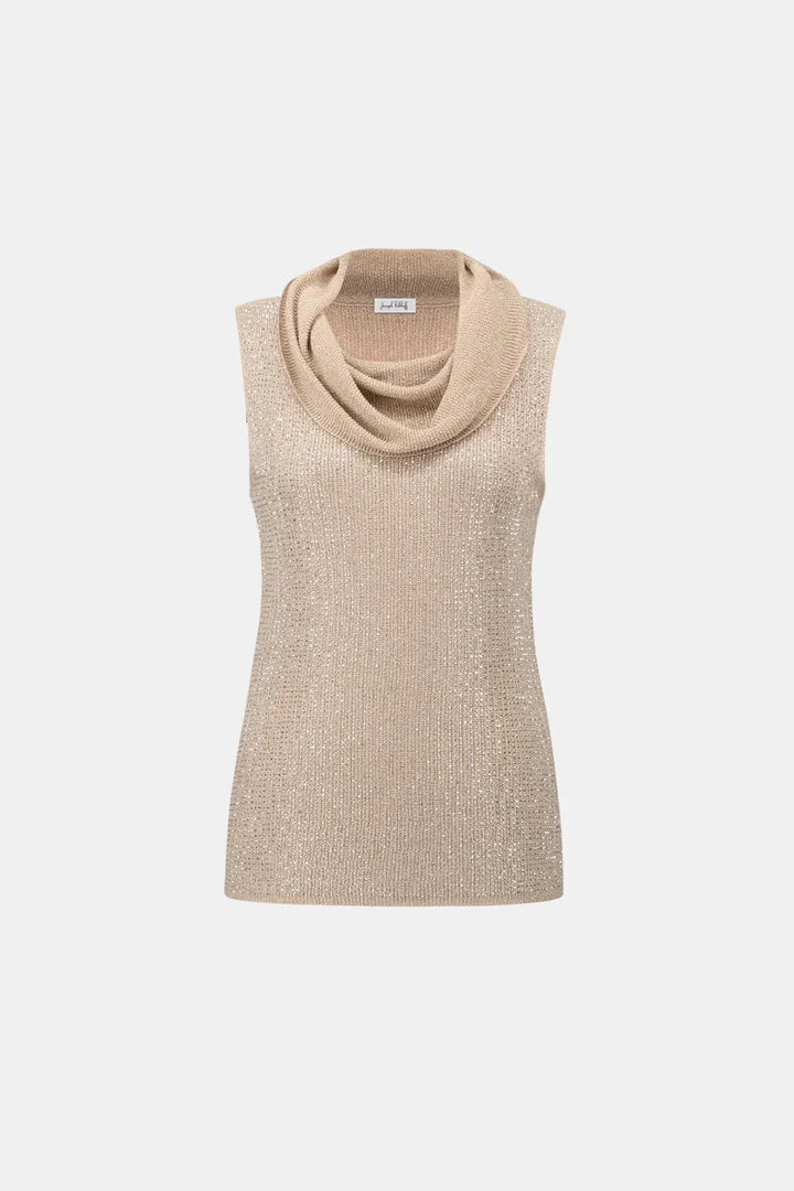 Joseph Ribkoff Rhinestone Cowl Neck Top 264929 product front showing sleeveless shape, draped cowl neck and rhinestone embellished metallic knit