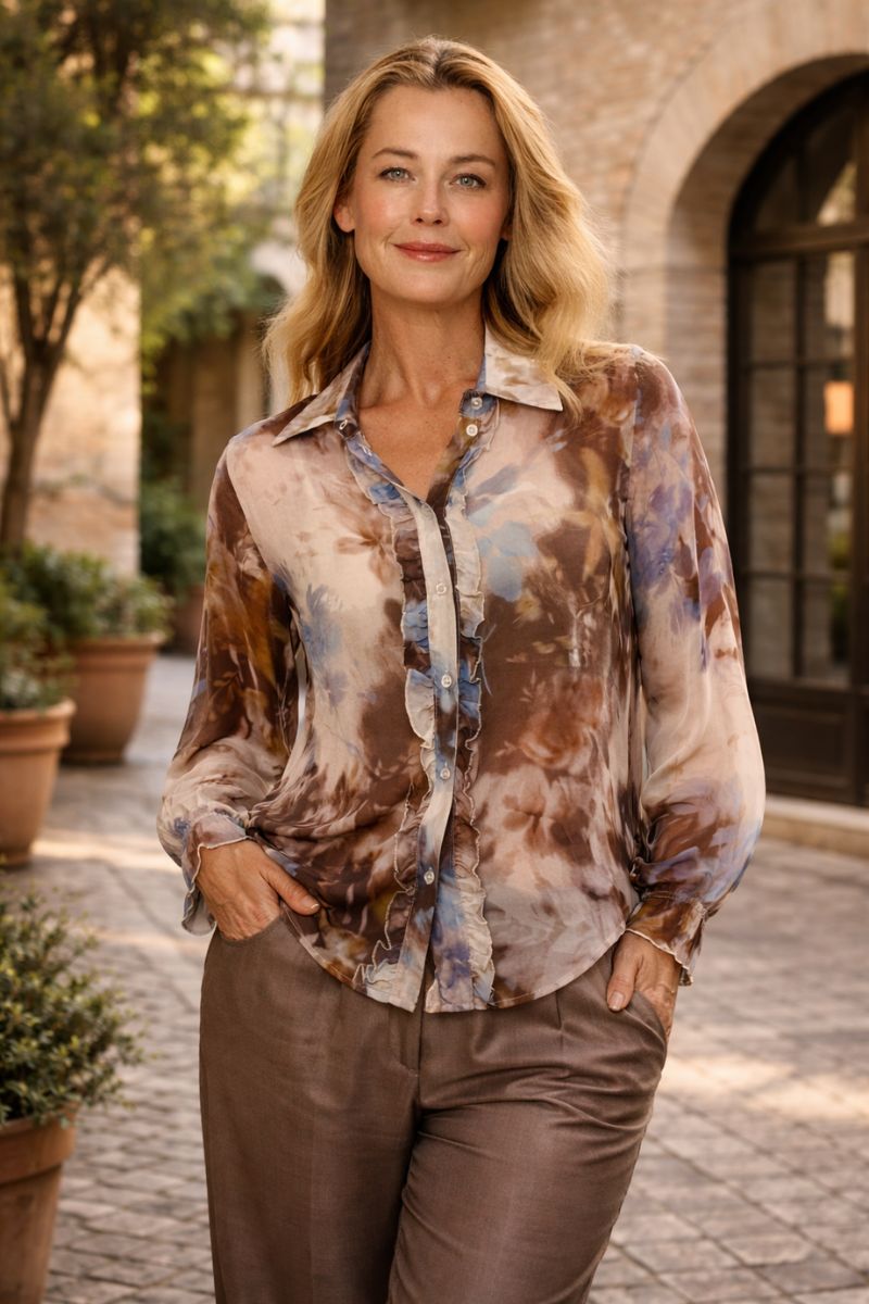 Woman wearing La Strada LSS26-86-400 Sheer Frill Front Shirt in Cream Chocolate Chambray Print front