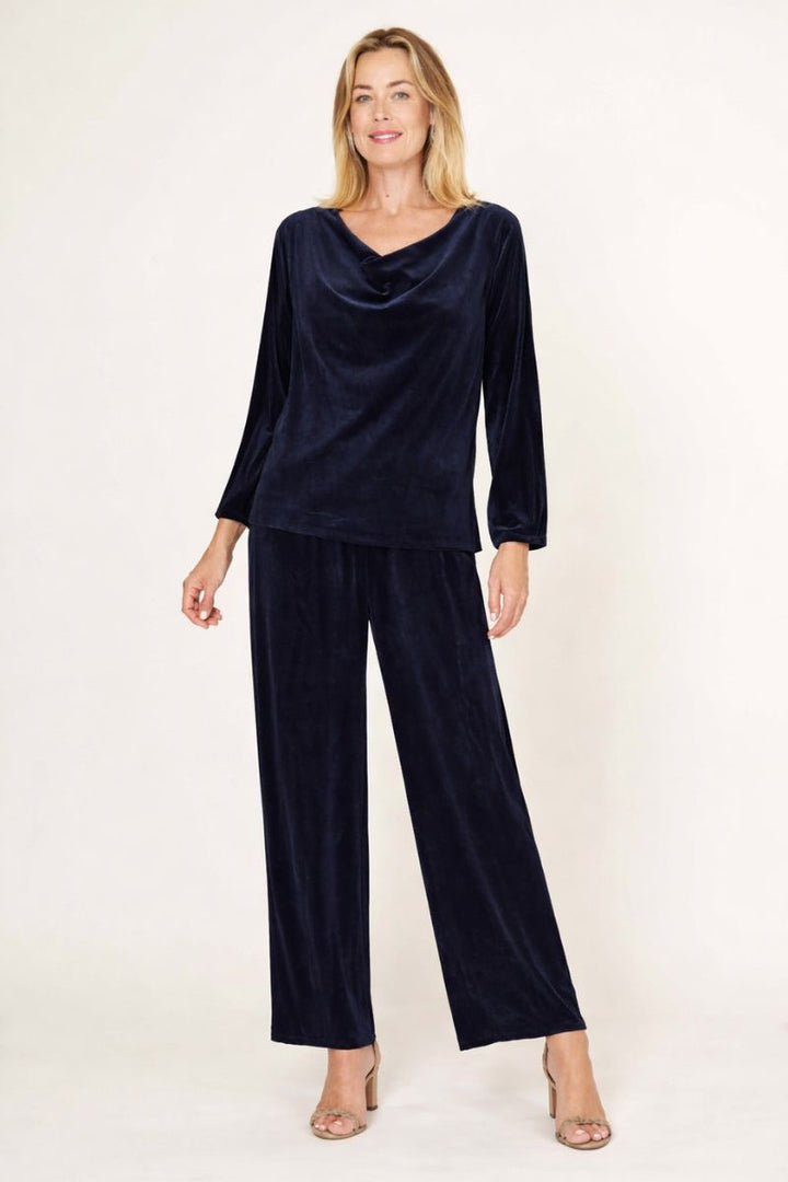Woman wearing Velvet Pant in Navy by La Strada front