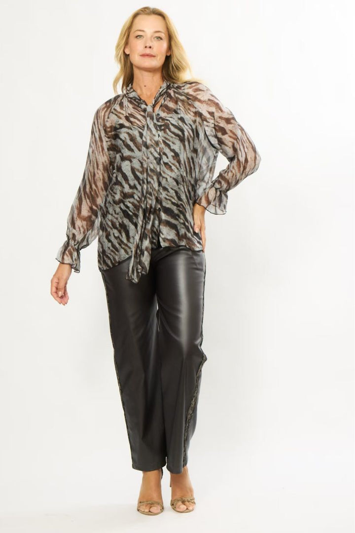 Woman wearing La Strada LSS26-91-402 Bowtie Collar Shirt in Multi Jean Brown Print full outfit view