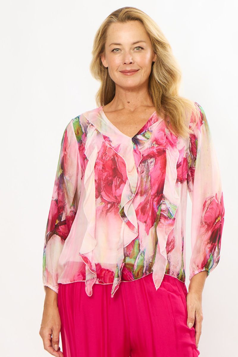 Woman wearing La Strada LST26-216-421 Silk Viscose Frill Top in Multi Pink Green Floral detail view