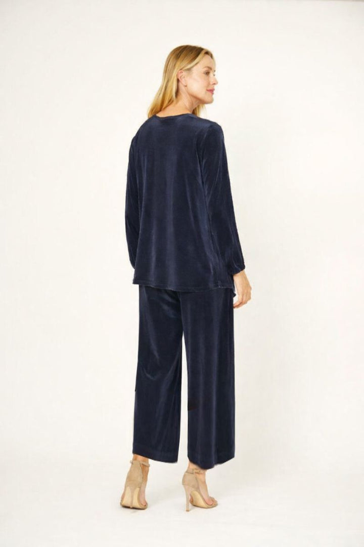 Woman wearing Velvet Cowl Neck Top in Navy by La Strada back