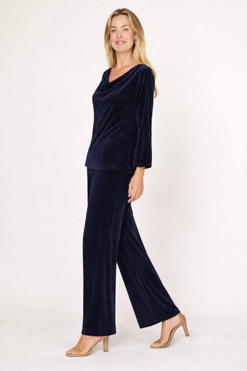 Woman wearing Velvet Cowl Neck Top in Navy by La Strada side