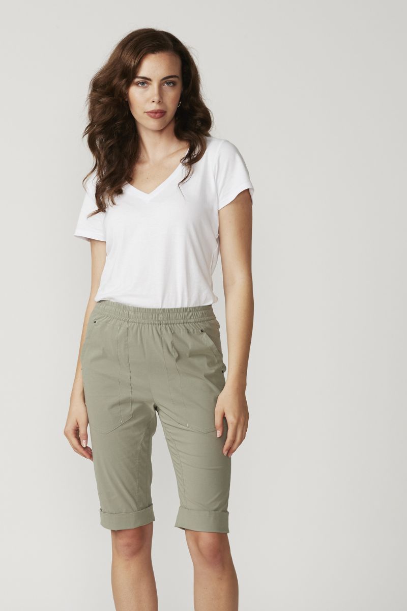 Lania the Label cuffed shorts in Sage, front view.