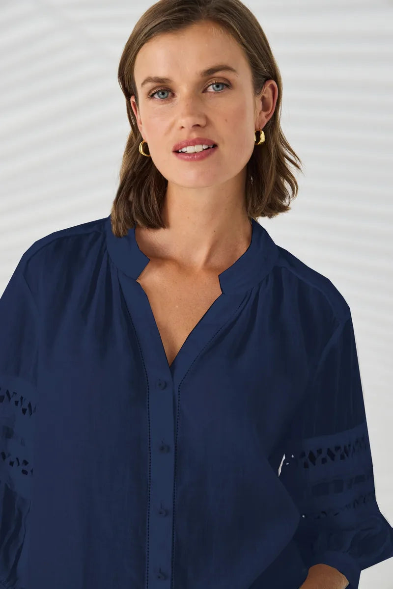Lania the Label Spiral Shirt in Sapphire neckline and front detail