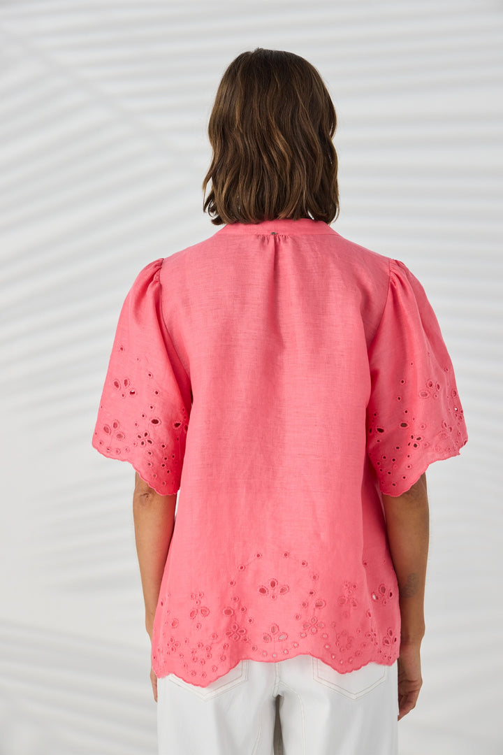 Lania the Label Kasia Shirt NLA4076 in Coral, back view showing relaxed linen shape and embroidered hem