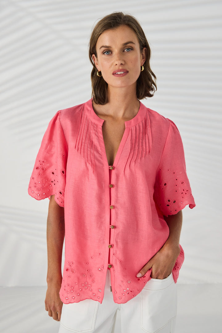 Lania the Label Kasia Shirt NLA4076 in Coral, front view showing pintuck neckline and embroidered sleeves