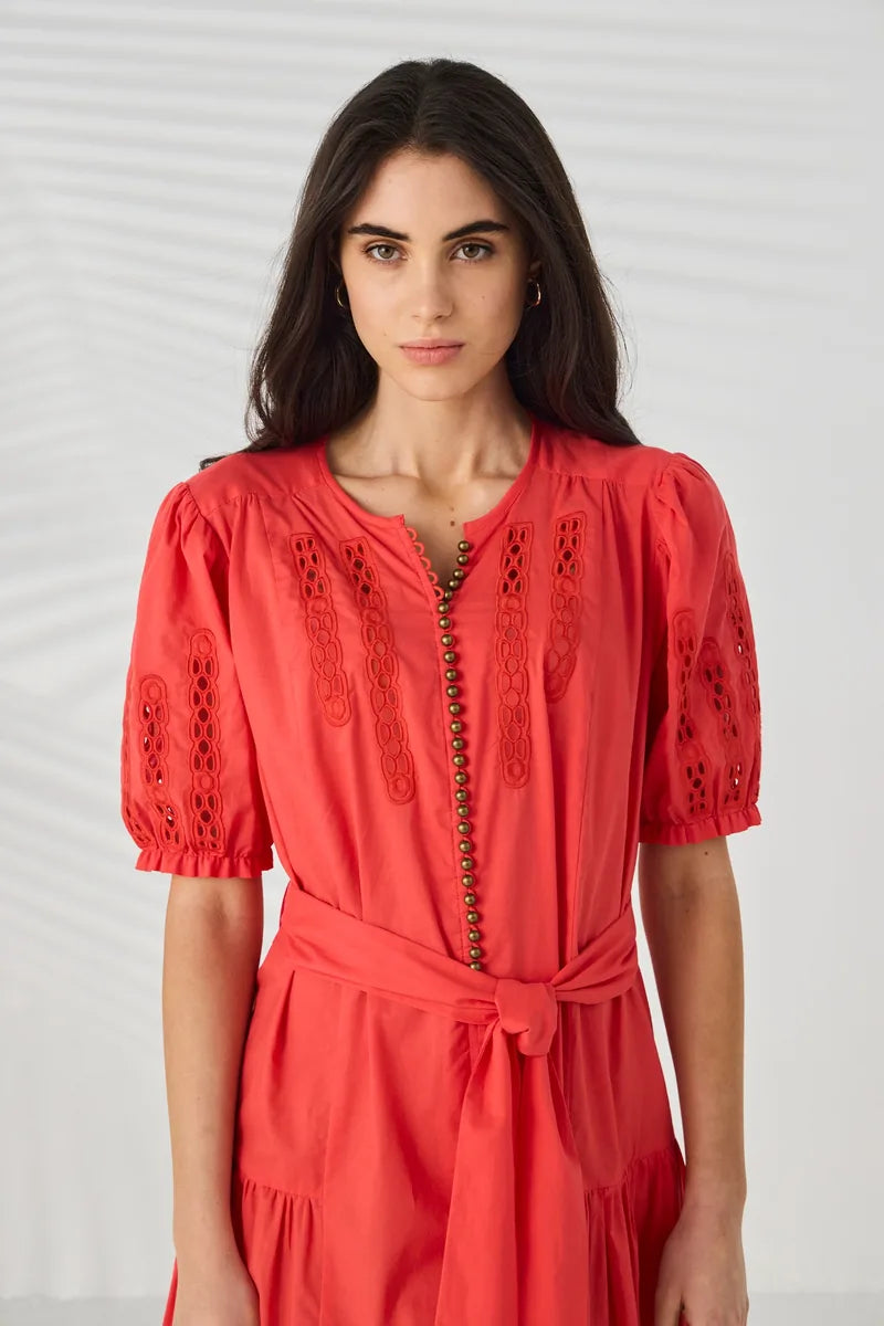 Lania the Label Sander Dress in Tango embroidery and button detail