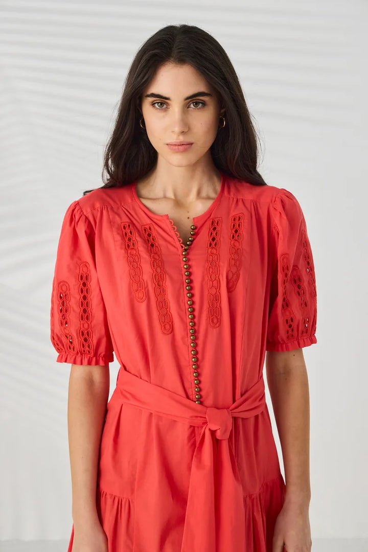 Lania the Label Sander Dress in Tango embroidery and button detail