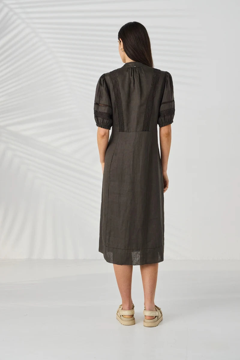 Lania Chase Dress NLA4088 in Cocoa, back view showing lace panel detailing and midi length