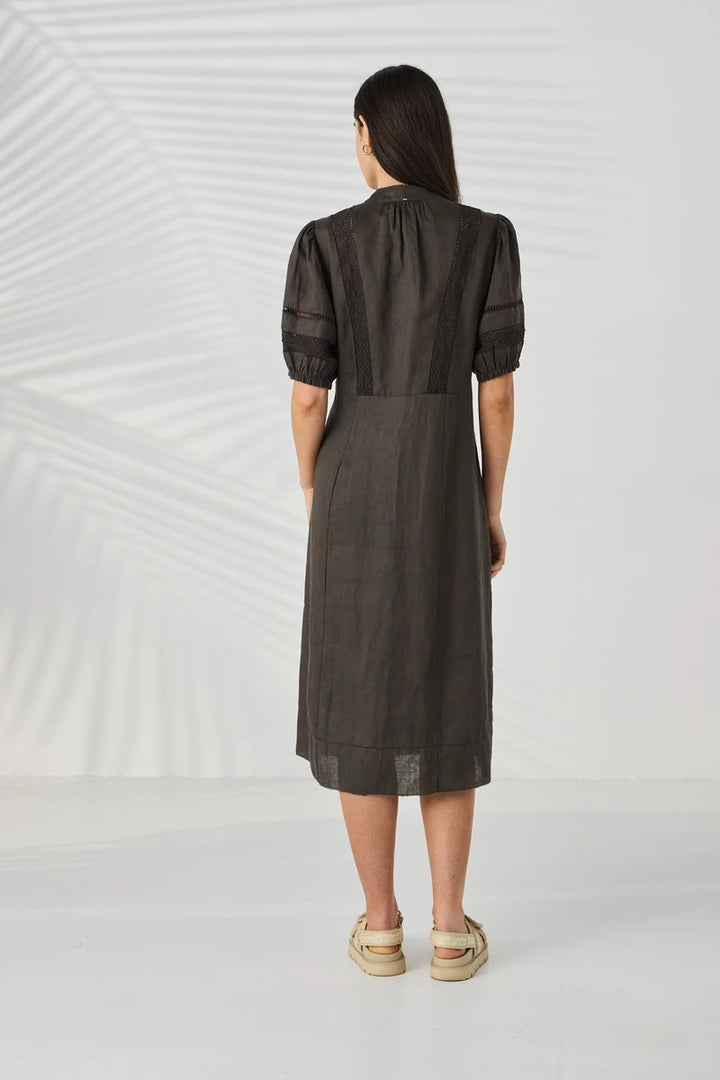 Lania Chase Dress NLA4088 in Cocoa, back view showing lace panel detailing and midi length