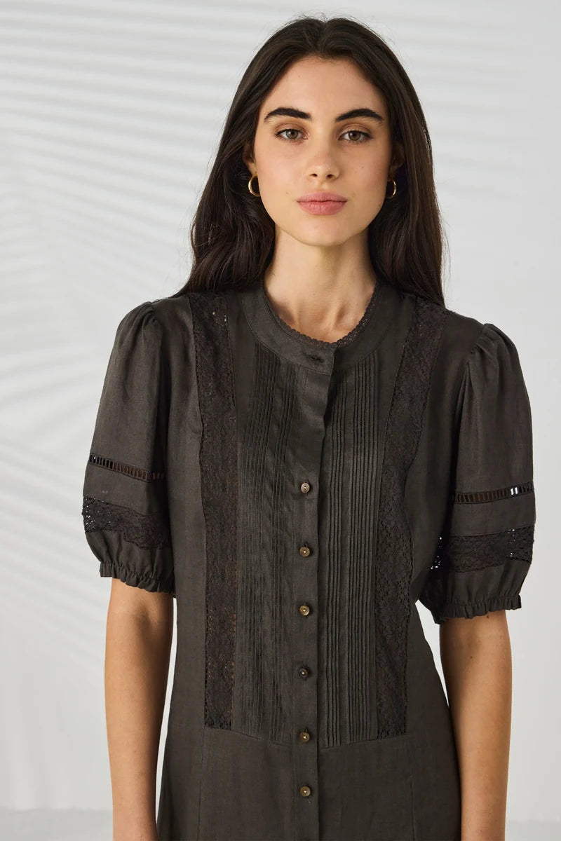 Lania Chase Dress NLA4088 in Cocoa, close-up showing pintuck bodice, tonal lace inserts and short sleeves