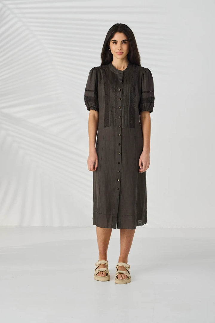 Lania Chase Dress NLA4088 in Cocoa, full front view showing button-through linen midi dress