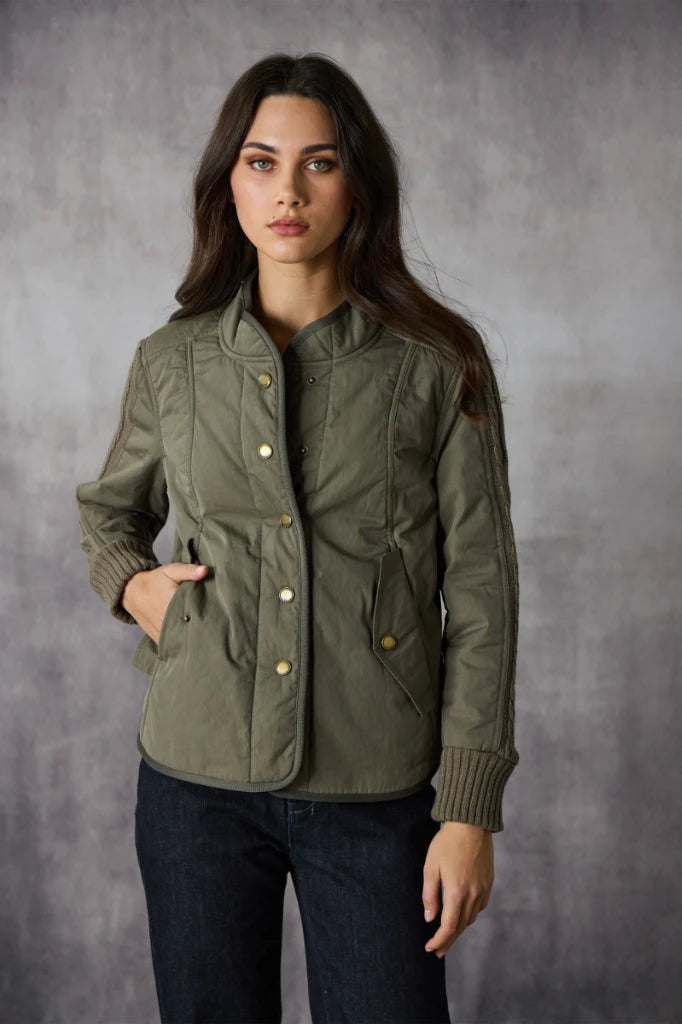 Woman wearing Cable Jacket in Khaki by Lania The Label NLA3929 angled view