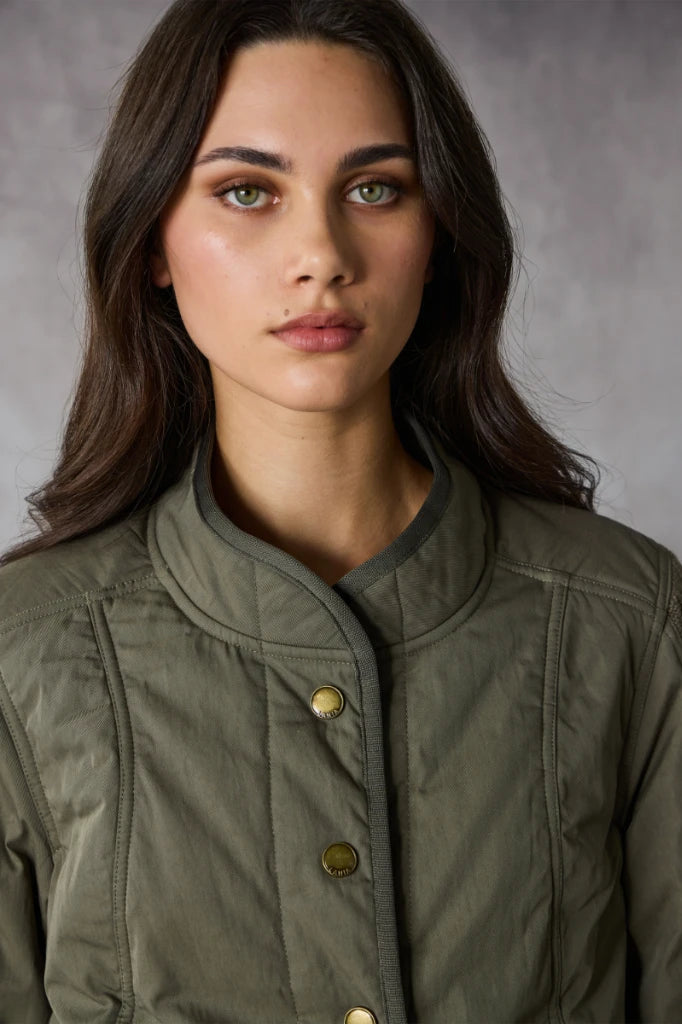 Woman wearing Cable Jacket in Khaki by Lania The Label NLA3929 neckline detail