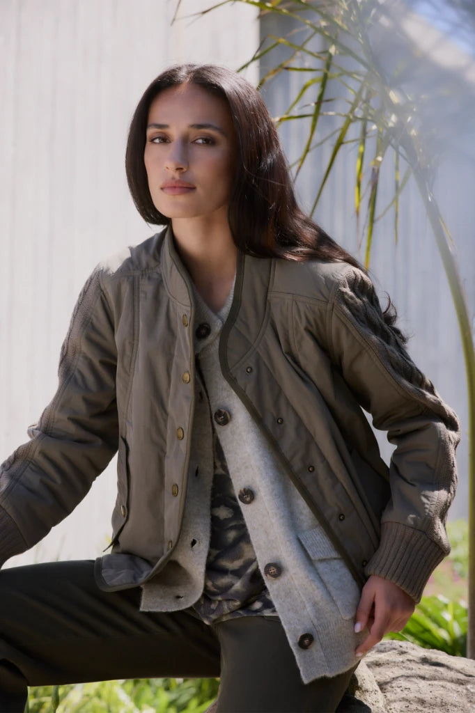 Woman wearing Cable Jacket in Khaki by Lania The Label NLA3929 lifestyle styling