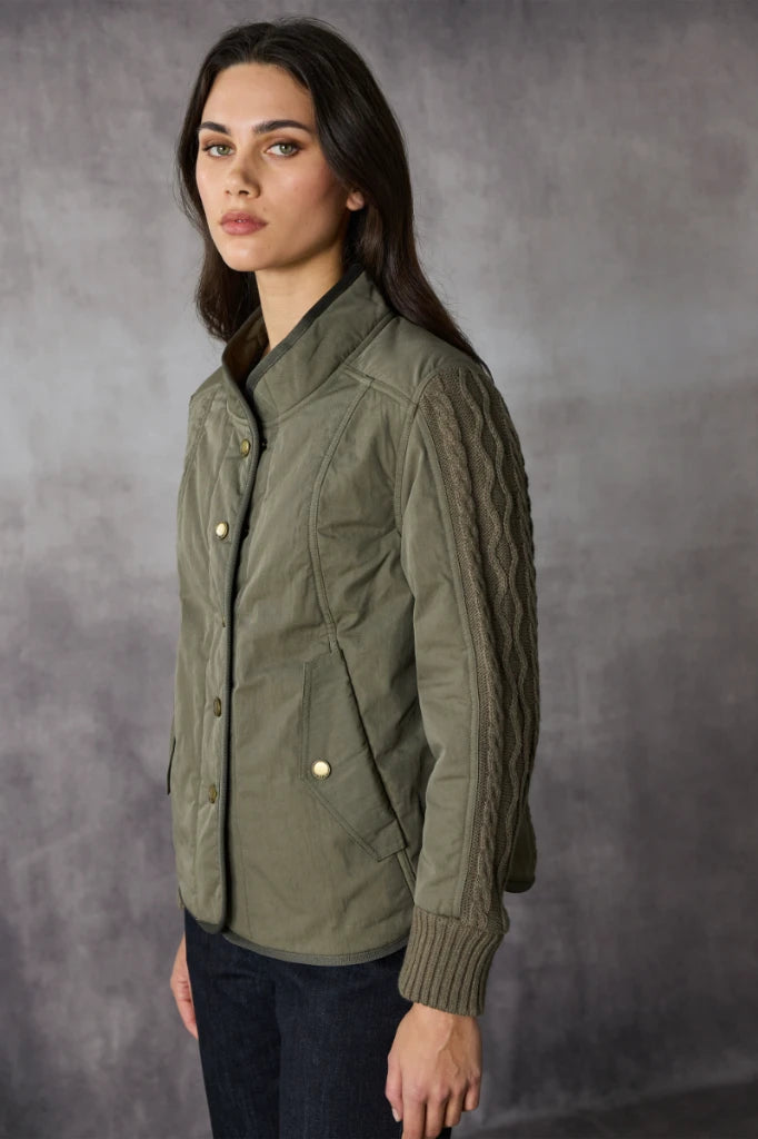 Woman wearing Cable Jacket in Khaki by Lania The Label NLA3929 side view