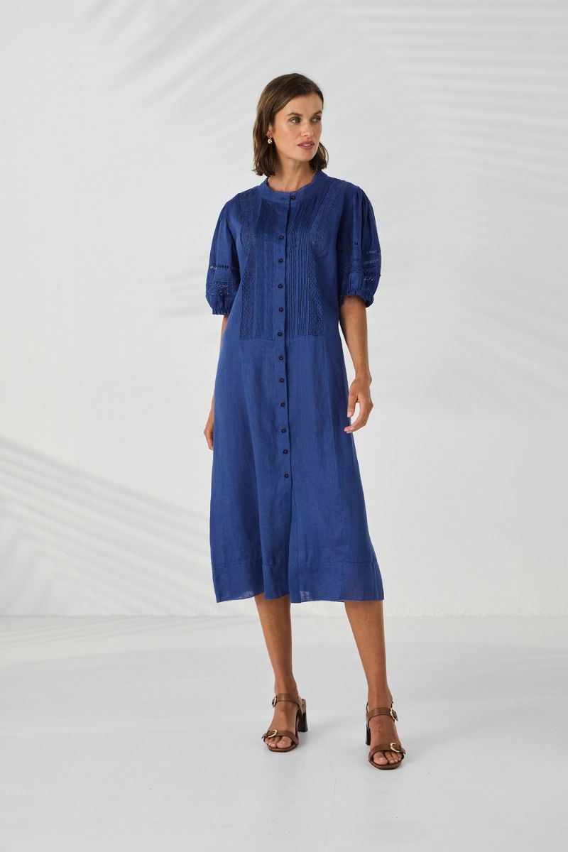 Lania Chase Dress Azure front view linen midi NLA4088